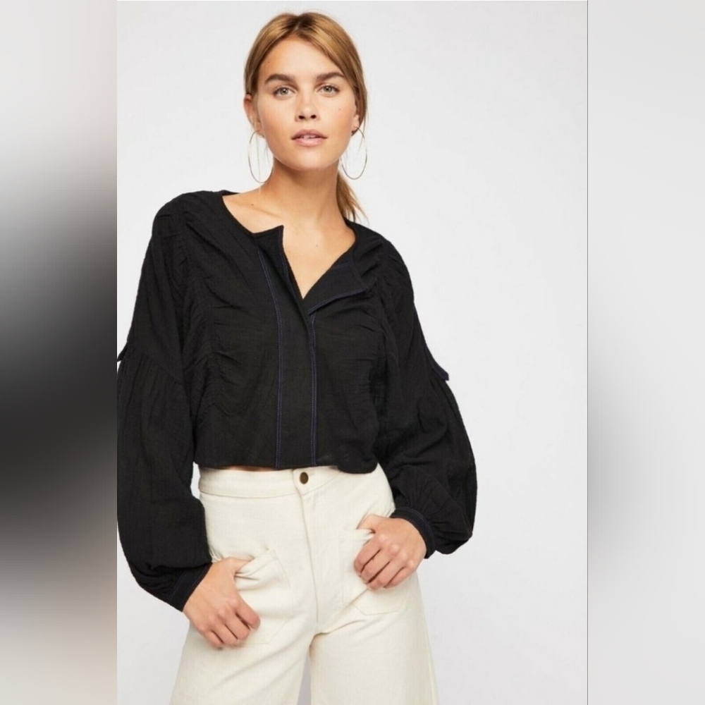 Free People XS Day Dreaming Shirt Black Crop‎ Top Loose Fit Gauze Oversized Boho